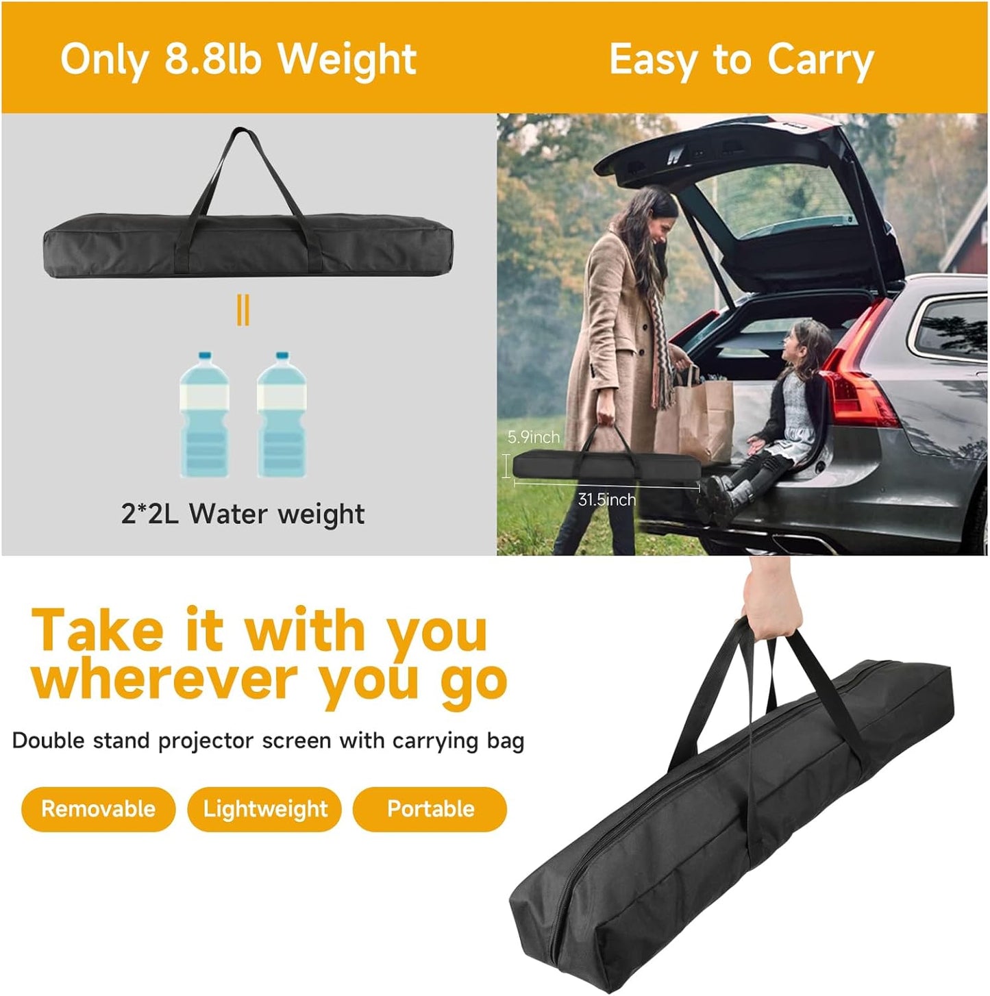 Outdoor Projector Screen with Stand, SCREENMAX 120 inch Foldable Projector Screens with Portable Carry Bag, 16:9 4k HD Rear Front Wrinkle-Free Projection Screen for Movie Night and Indoor Home Theater