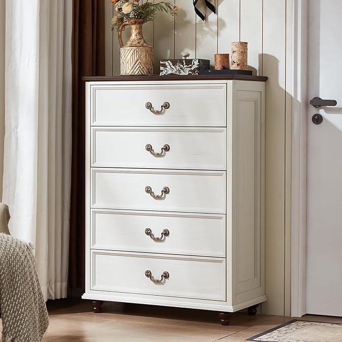 Farmhouse 5 Drawer Dresser for Bedroom, 45" Tall Rustic Chests of Drawers w/ 4 Solid Wood Feet, Mid Century Modern Wooden Closet Storage Dressers Organizer for Living Room, Hallway, White