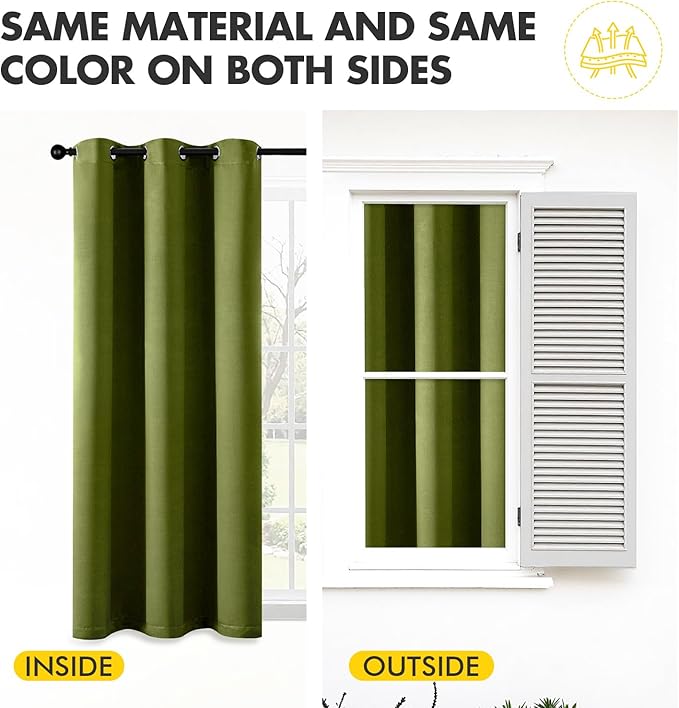 MIULEE Light Olive Green Blackout Curtains for Bedroom Living Room 63 Inches Long 2 panels, Thermal Insulated Room Darkening Drapes Grommet Top Noise Reducing Light Blocking Window Curtains 40x63 Inch