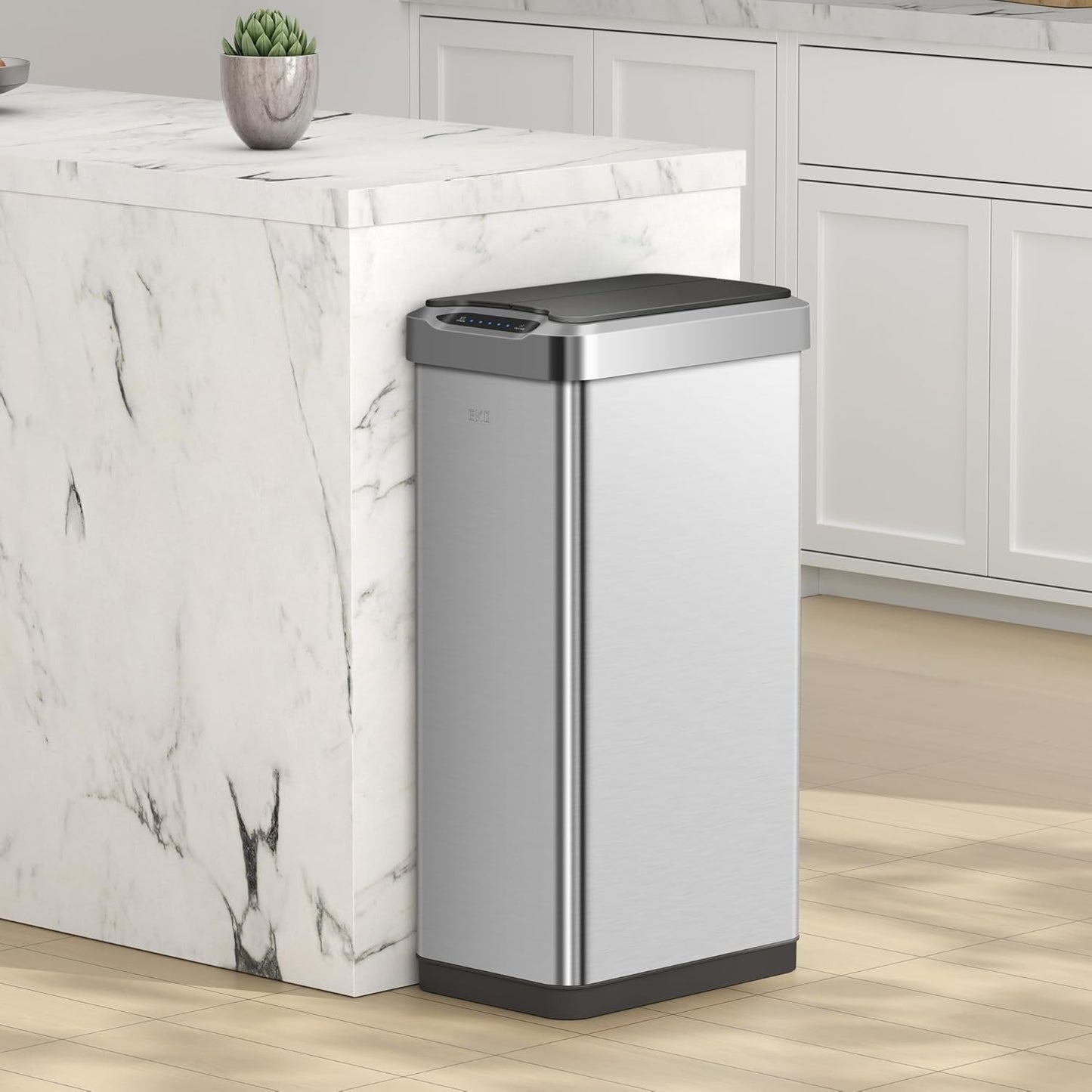 EKO Phantom-T 50 Liter / 13.2 Gallon Vertical Motion Sensor Trash Can, Brushed Stainless Steel Finish