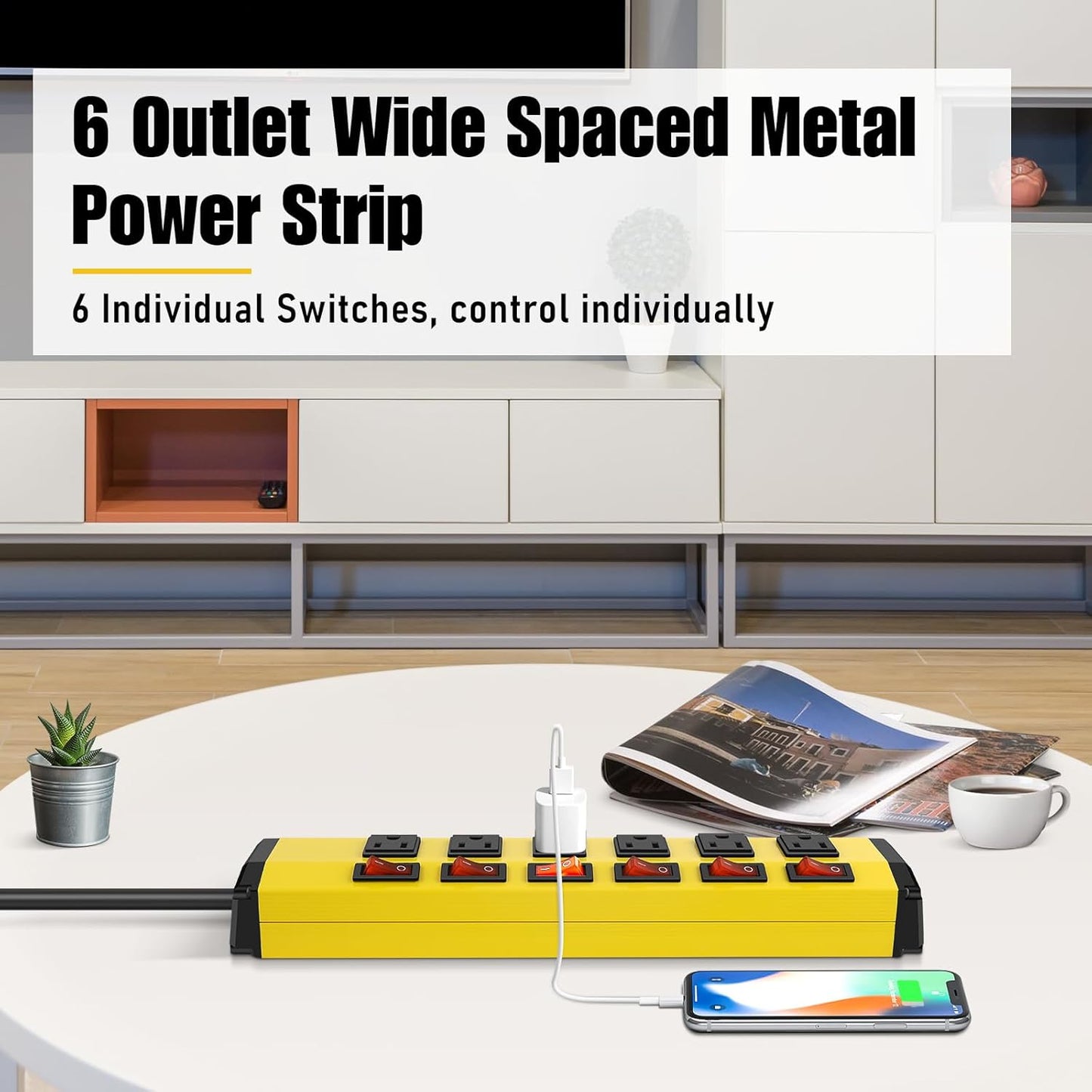 ANNQUAN 4PCS 6 Outlet Metal Power Strip with 6 Individual Switches,Heavy Duty Power Strip 1200J 15A 6FT Cord Home Office Industrial Commercial Shop