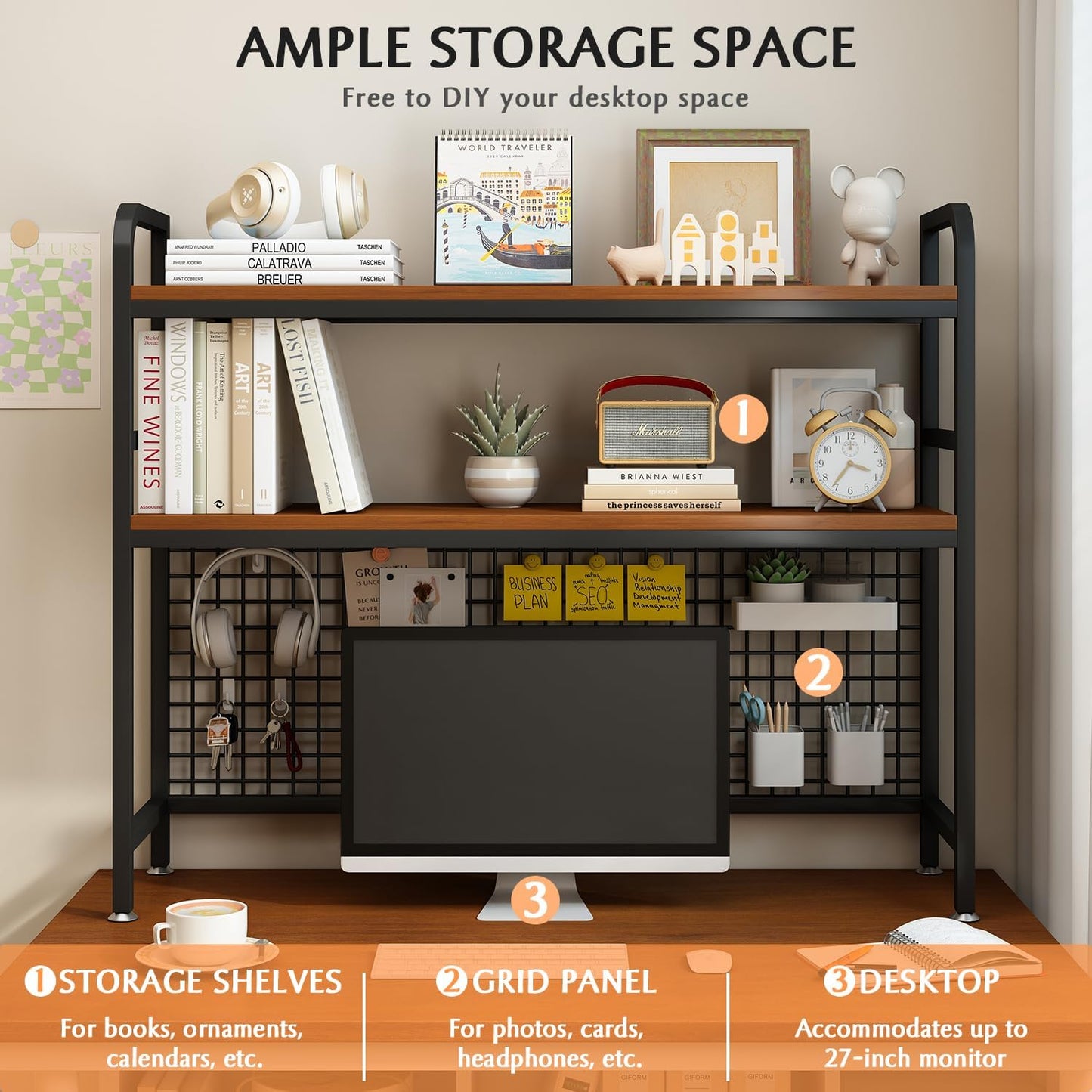 IOTXY 2-Tier Desktop Hutch Bookshelf - Metal Desk Shelf Bookcase with Grid Panel, Countertop Storage Organizer Rack for Dorm or Office, Black, 45.3" W