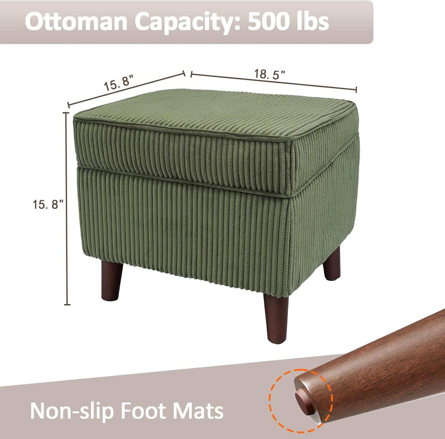 Storage Ottoman with Adjustable Lid, Soft Step Stool, Footrest and Seat, Ottoman Foot Rest for Living Room, Bedroom, Dorm, Green