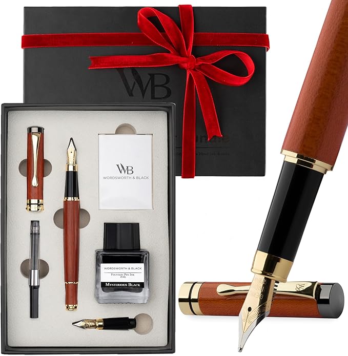Wordsworth & Black Fountain Pen Set, Luxury Bamboo Wood - Medium Nib, Extra Fine Nib, Gift Case; 25ML Black Ink Bottle, 6 Ink Cartridges, Refill Converter - Calligraphy, Writing [Rosewood]