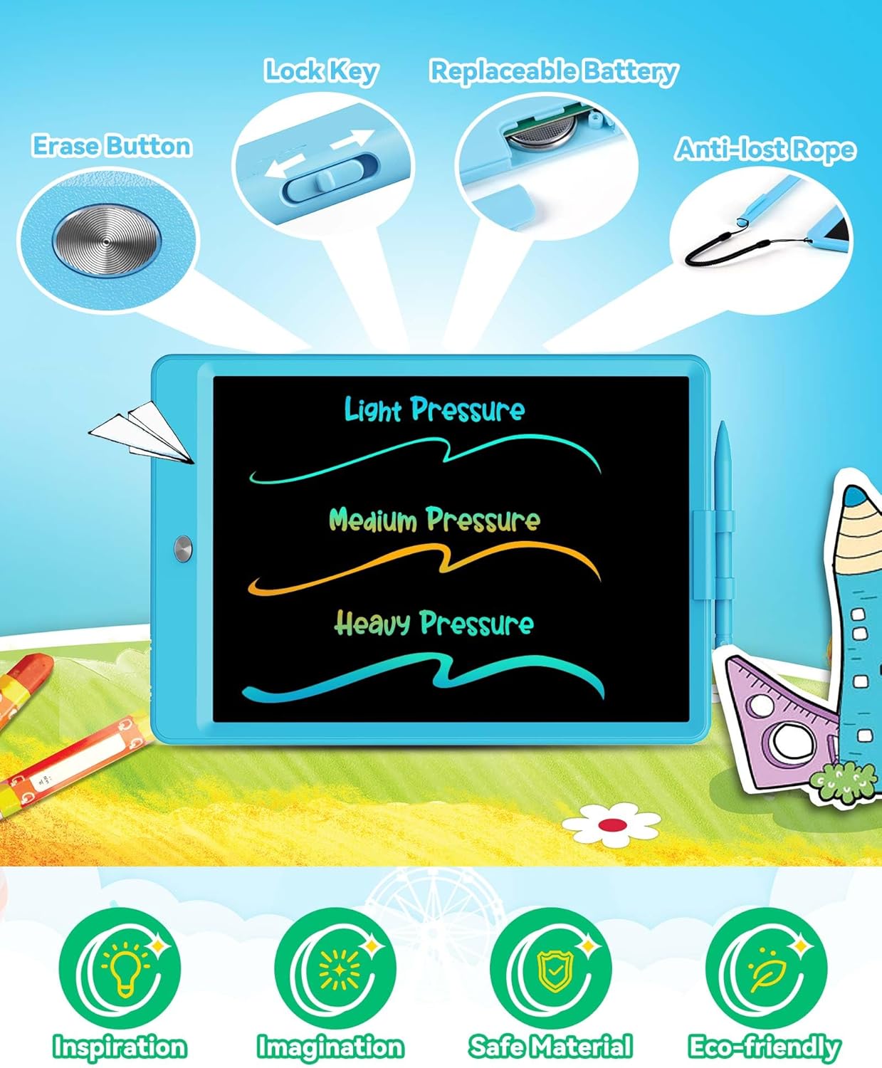 KOKODI 8.5 Inch LCD Writing Tablet with Anti-Lost Stylus, Erasable Doodle Board Colorful Toddler Drawing Pad, Car Travel School Games Toys for 3 4 5 6 7 8 Kids, Birthday Gift for Girls Boys Blue