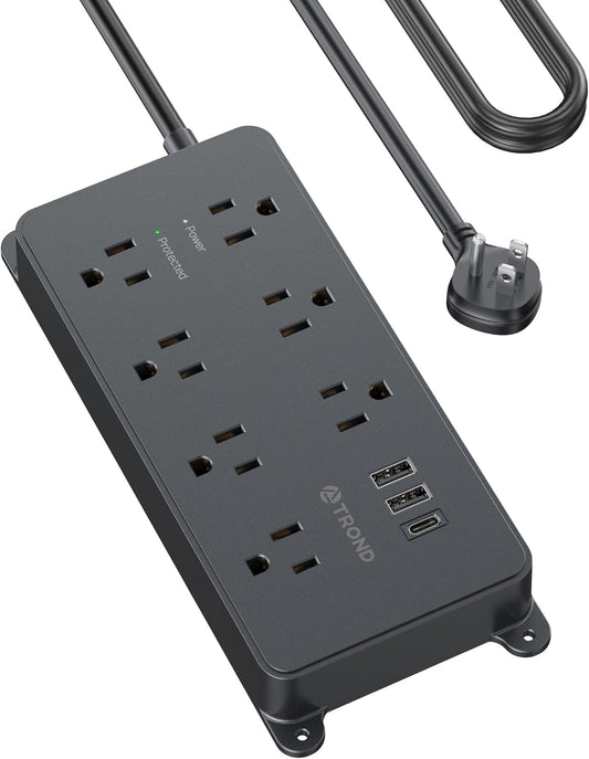 TROND Surge Protector Power Strip, Flat Plug 15ft Long Extension Cord, 7 Widely-Spaced Outlets with 3 USB Ports, ETL Listed, 1700J, Wall Mountable, for Home Office Garage, Black