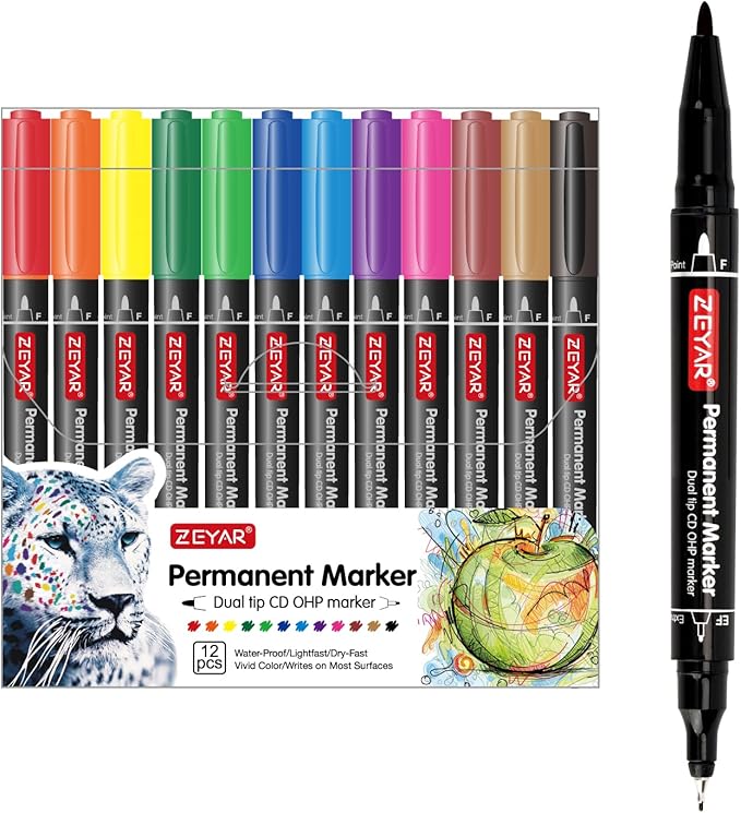 ZEYAR Twin Tip Permanent Markers, CD/DVD Markers, 12 Color, Ultra Fine Point and Fine Point for Signature and Marking (12 Colors)
