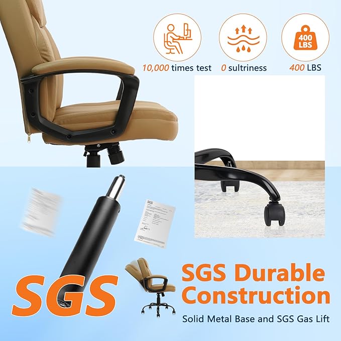 CLATINA Brown Office Computer Chair PU Leather Executive Office Chair Swivel Adjustable Height Chairs with Upholstery Fixed armrest Mid-Back Leather Thick Cushion Office Chairs Brown 2Pack