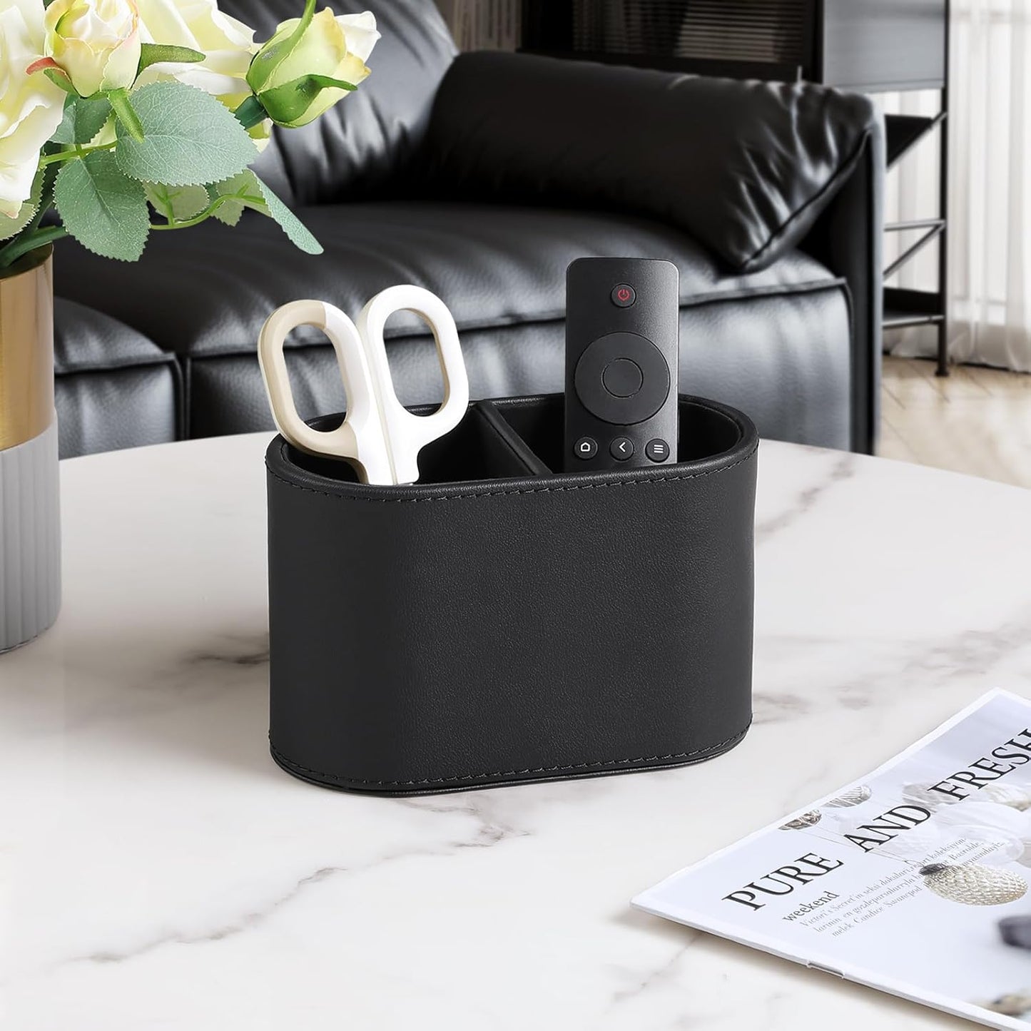 PU Leather Pen Holder for Desk, Small Remote Control Holder Pencil Cup Multifunctional Desktop Organizer Caddy for Home School Office Desk Accessories - 2 Compartments (Black)