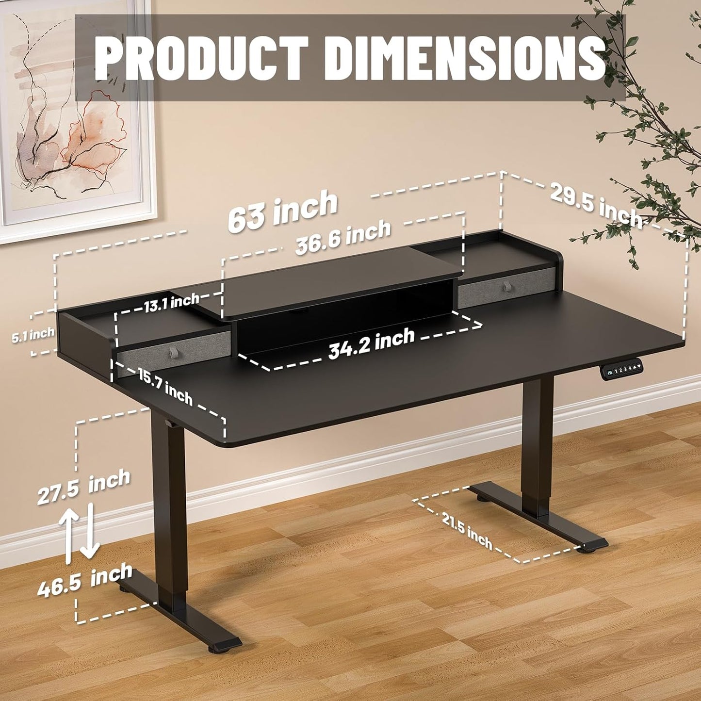63 x 30 Inch Electric Standing Desk with 2 Drawers, Adjustable Height Widened Stand Up Desk with Storage, Sit to Stand Ergonomic Workstation for Home Office, Classic Black