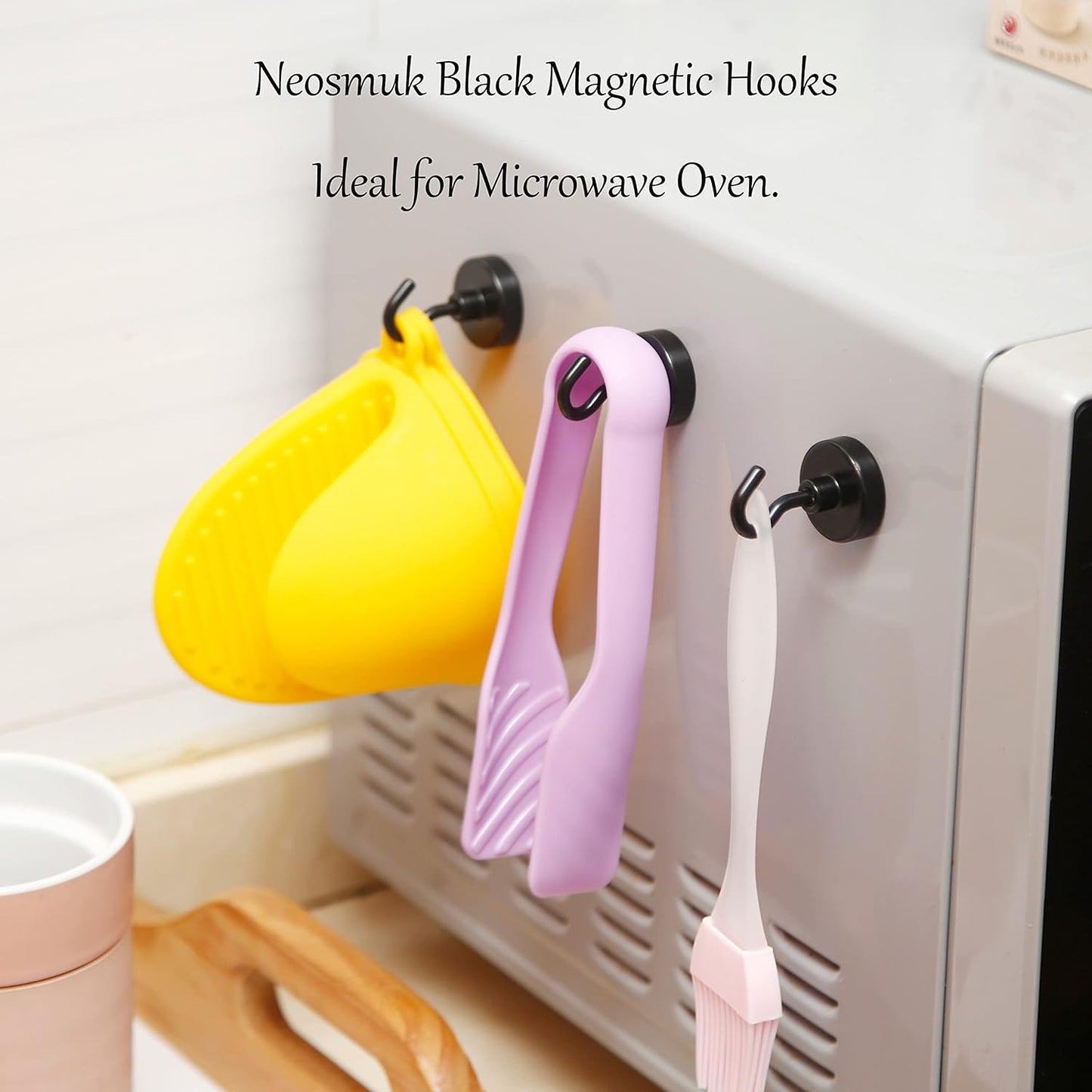 Neosmuk Magnetic Hooks, Heavy Duty Earth Magnets with Hook for Refrigerator, Extra Strong Cruise Hook for Hanging, Magnetic Hanger for Curtain, Grill(Matte Black,4 Pack)