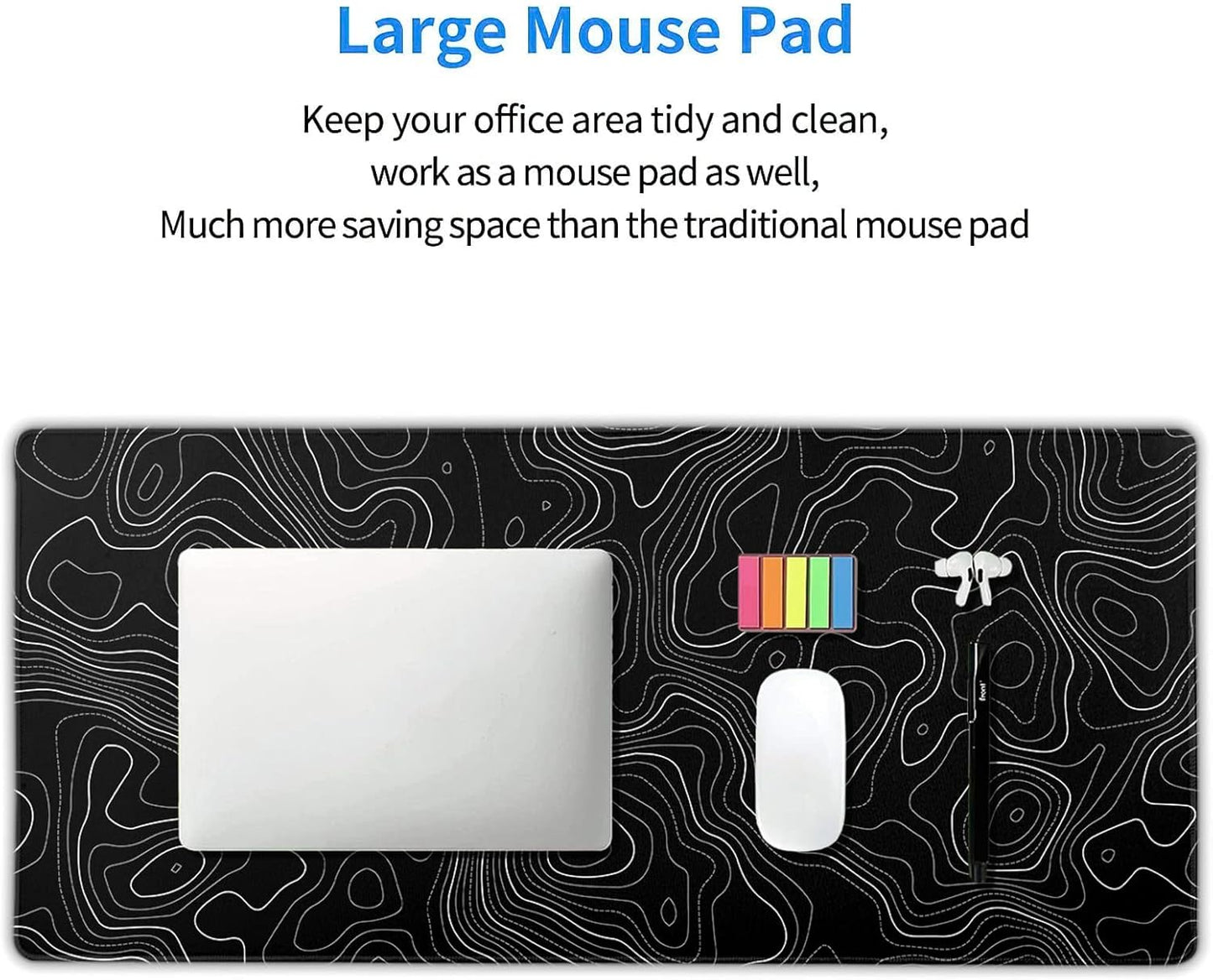 Topographic Contour Black Gaming Mouse Pad XXL Topo Geographic Map Lines Extended Large Mouse Pad Big Desk Mat Non-Slip Rubber Base Stitched Edge Long Mousepad for Desktop Office Desk,35.4 x 15.7 in