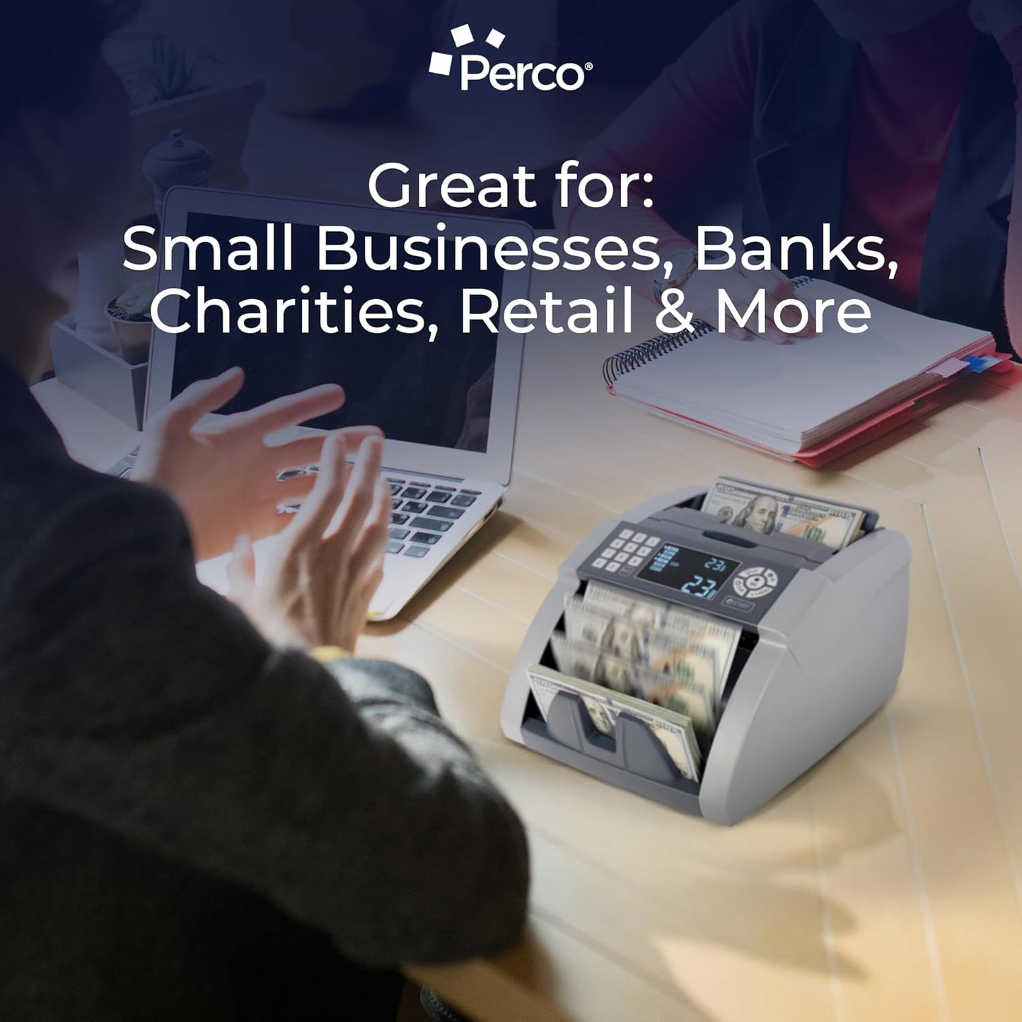 Perco Bill Counter and Counterfeit Detector Machine – Money Counter Machine with UV/MG1/MG2/IR, Voice Alerts, Keypad, Add & Batch Modes, Volume Control, Multi-Currency (USD/EUR/INR), LCD Display