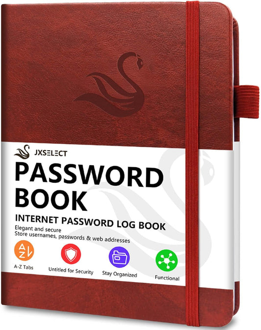 Elegant Password Book with Alphabetical Tabs - Hardcover Password Book for Internet Website Address Login - 7" x 10" Password Keeper and Organizer w/Notes Section & Back Pocket (Wine Red)