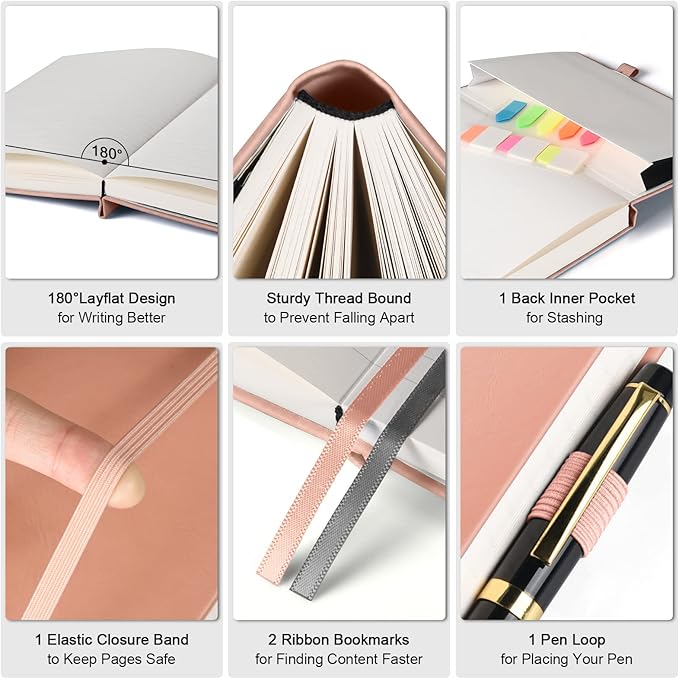 College Ruled Notebook, Large B5 Lined Journal Notebook, 314 Numbered Pages Work Notebook with Index Stickers, 100gsm Thick Paper, Hardcover Vegan Leather Journal for Women Men School Office, Pink