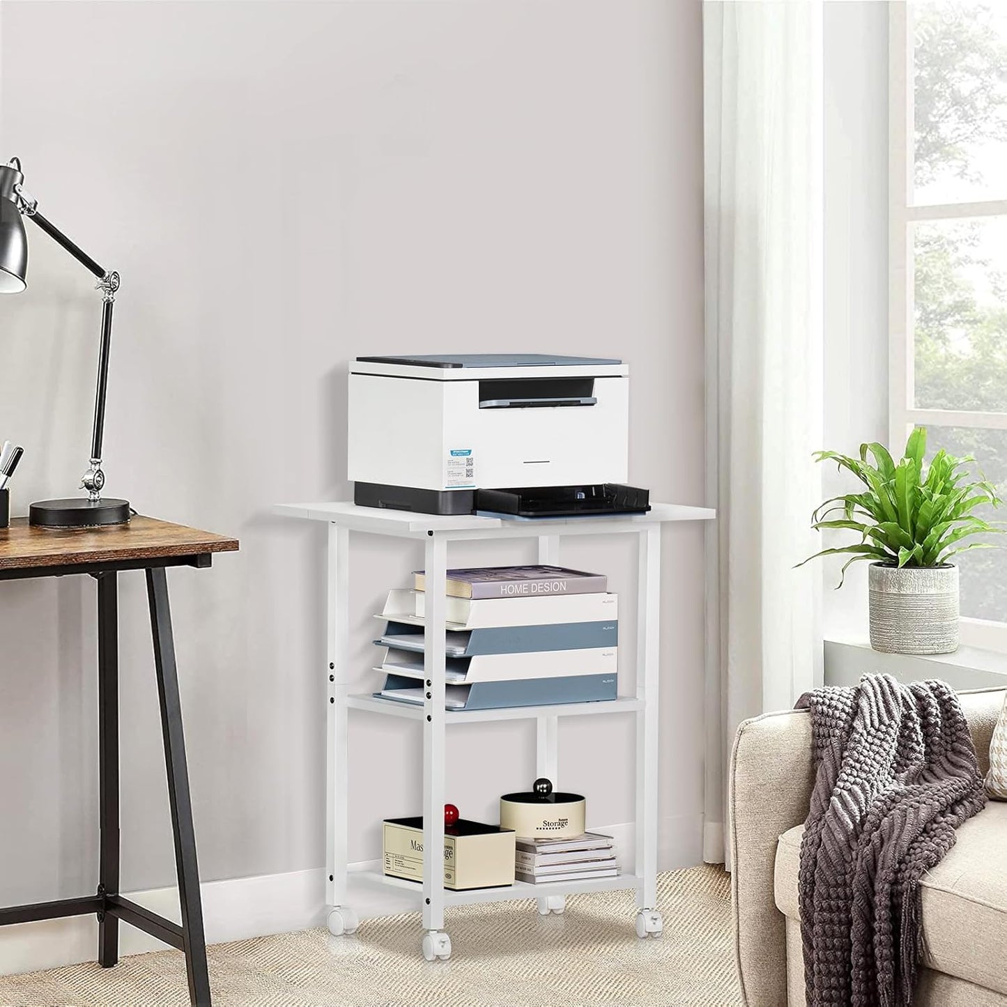 Lerliuo 3-Tier Printer Stand, Industrial Mobile Printer Table with Storage Shelf and Steel Frame, Rolling Printer Cart Holder with Lockable Wheels for Home, Office (White)