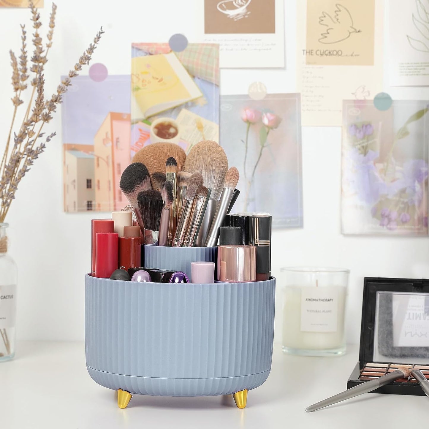 SKYDUE 360 Degree Rotating Desk Organizer, Dual-Purpose Pencil Pen Holder, Rotating Desk Pen Organizer with 5 Slots, Pencil Cup for Office, School, Home (Airy Blue)