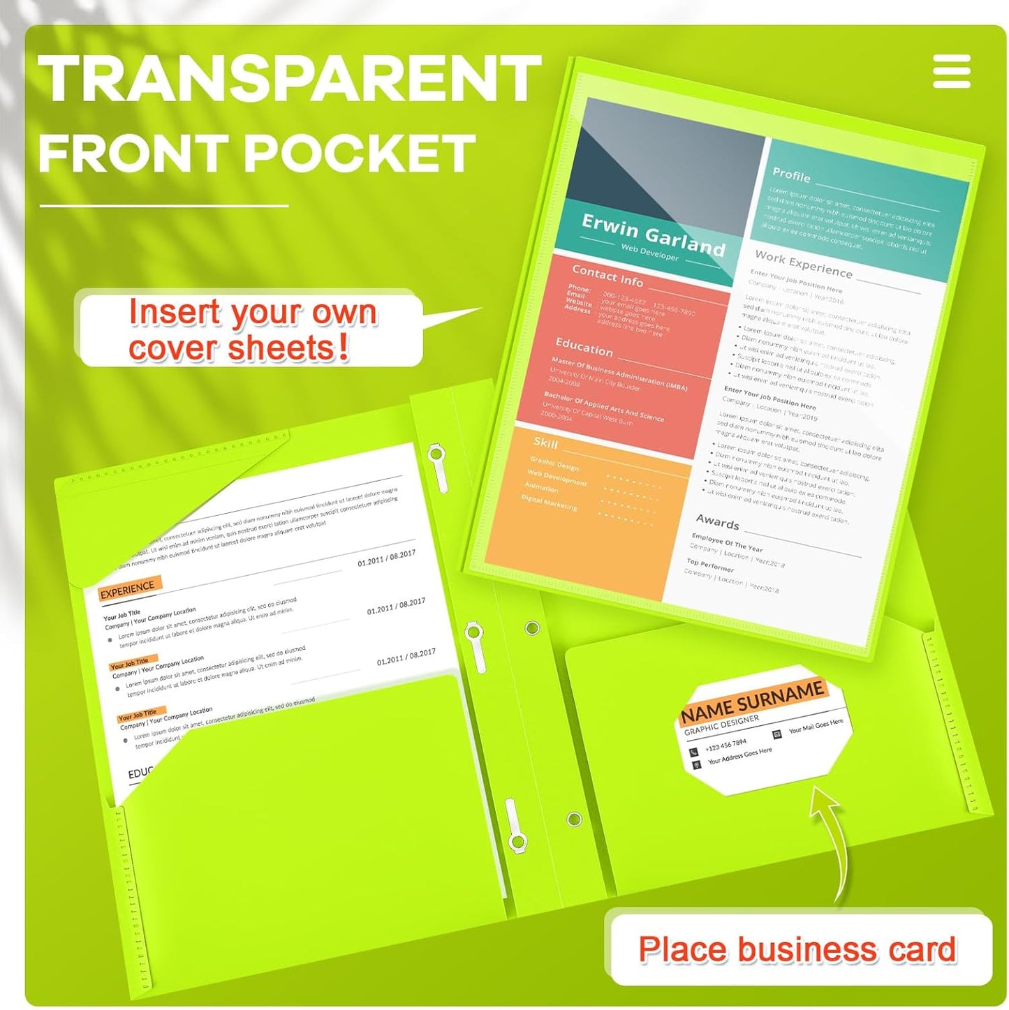 Henoyso 36 Pcs Plastic Folder with Clear Front Pocket and 3 Prong Plastic Folders with Card Slot Pocket Folders with Prongs for School Office (Fluorescent Green)