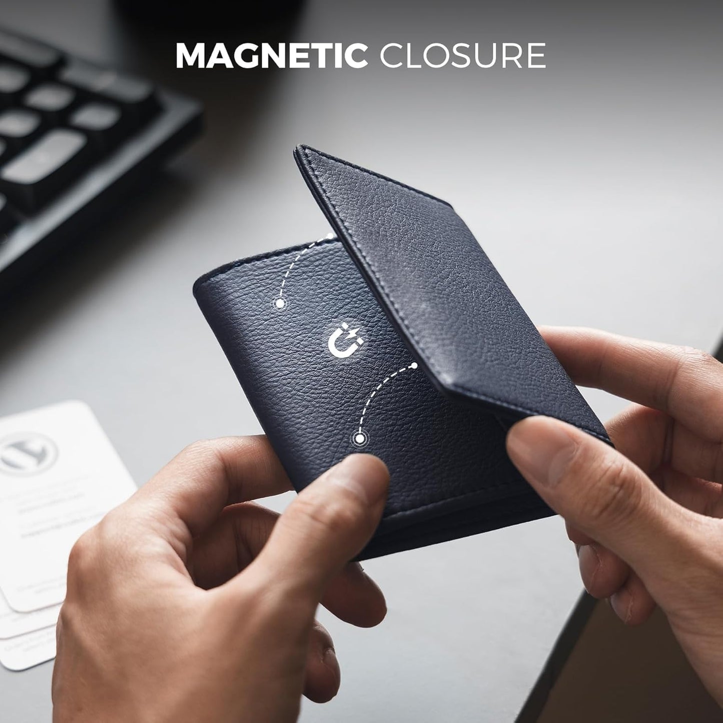 Real Leather Business Card Holder Premium RFID Blocking Card Case with ID Window and Magnetic Closure Holds Up to 40 Business Cards (Grain Navy)