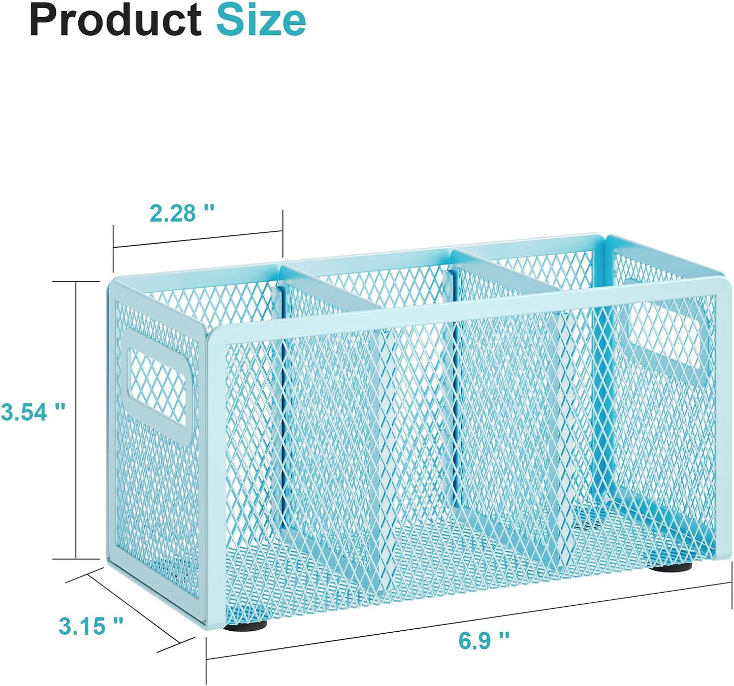 Marbrasse Mesh Pen Holder for Desk,Pencil Holder Desk Organizer 3 Adjustable Compartments,Pencil Cup with Handle Perfect for Classroom, Office, Home,Makeup,Art (Blue)
