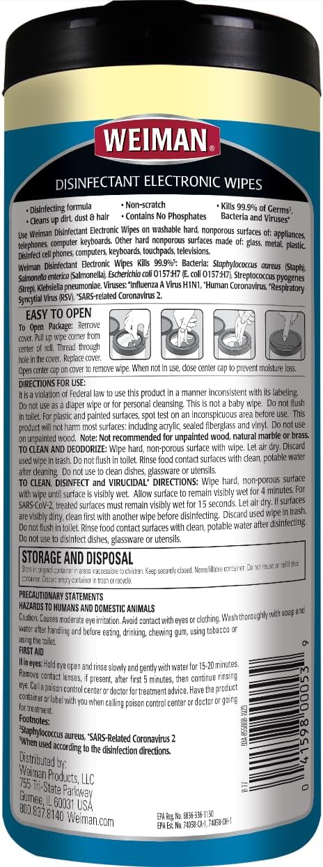 Weiman Electronic Screen Cleaner Wipes - 4 Pack Clean Your Laptop, Computer, TV, and All Electronic Equipment - Electronic Wipes - 30 Count