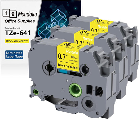 Tze Tz Tape 18mm 0.7 Laminated Yellow Compatible for Brother P Touch Label Maker Tape TZe-641 TZe641 Label Tape for PT D400 D600 D610 P710BT, Black on Yellow, 3/4 Inch x 26.2 Feet, 3-Pack