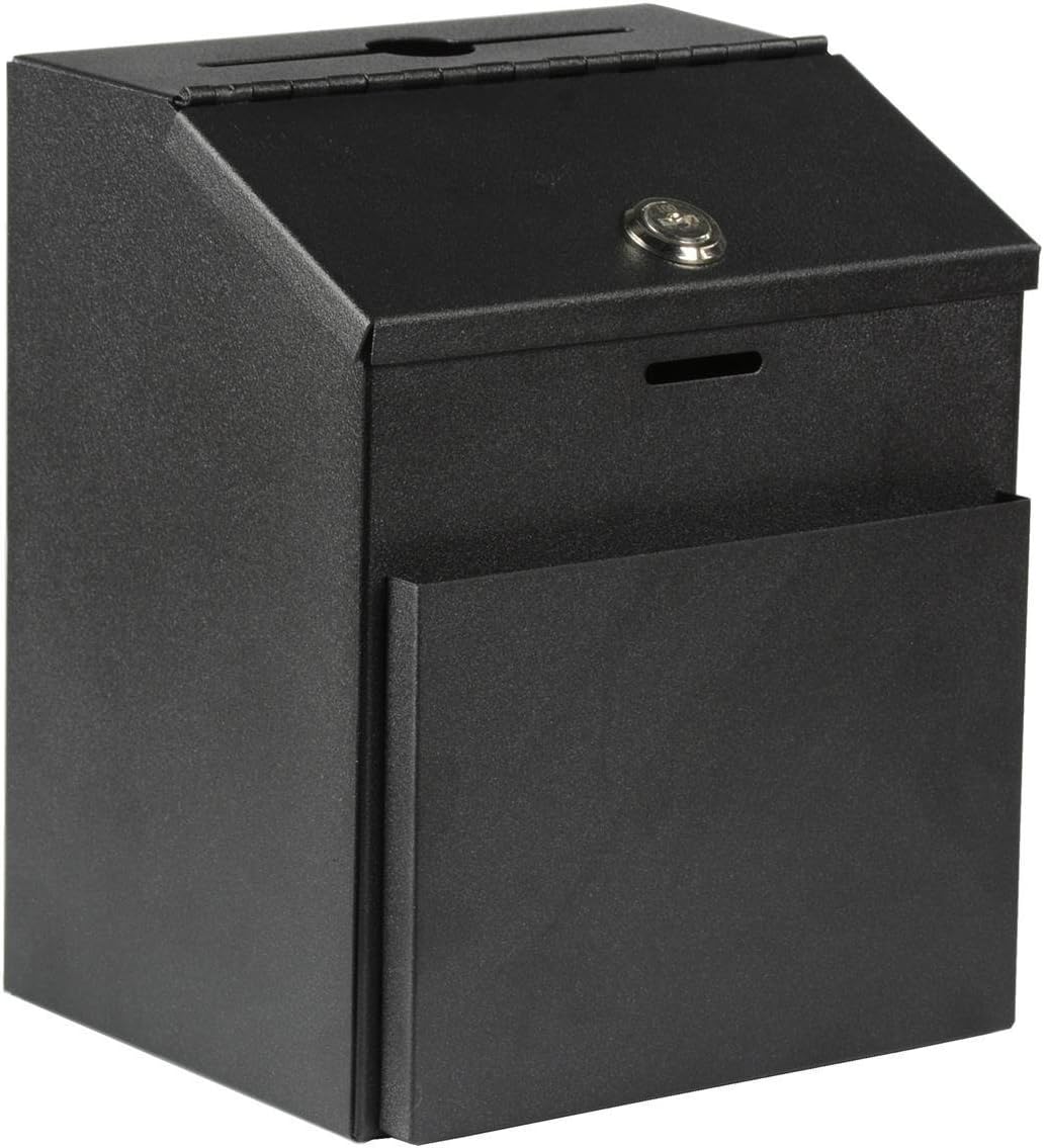 Suggestion Box with lock and keys Lock Metal Wall Mounted Ballot Box, Steel Donation and Collection Drop Box with wide Slot, 8.5H x 6W x 7.3L Inch office comment box with front wide pocket