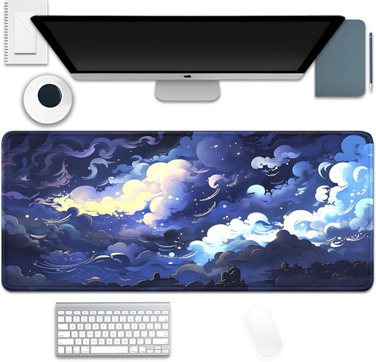 Blue Clouds Mouse Pad,Extended Stars Sky Dark Blue Clouds Mousepad Desk Pad with Stitched Edges,Non-Slip Waterproof Rubber Base Mouse Mat for Office Computer Keyboard Laptop Home(27.5x11.8 in)