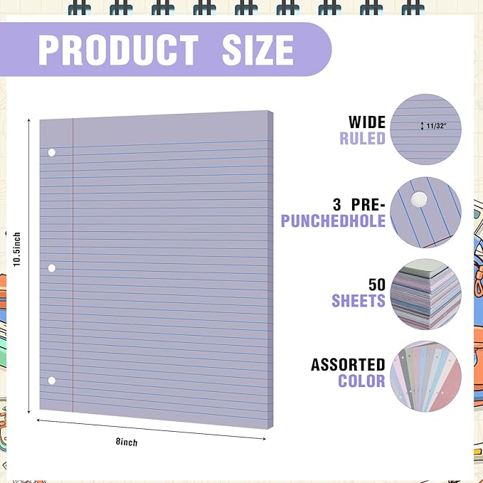 PerKoop 12 Pack 600 Sheets Colored Lined Paper Bulk Wide Ruled 8 x 10.5 Inches, Pastel Loose Leaf Notebook Paper 3 Hole Punched Filler for Back School Classroom Supplies(Elegant Color)