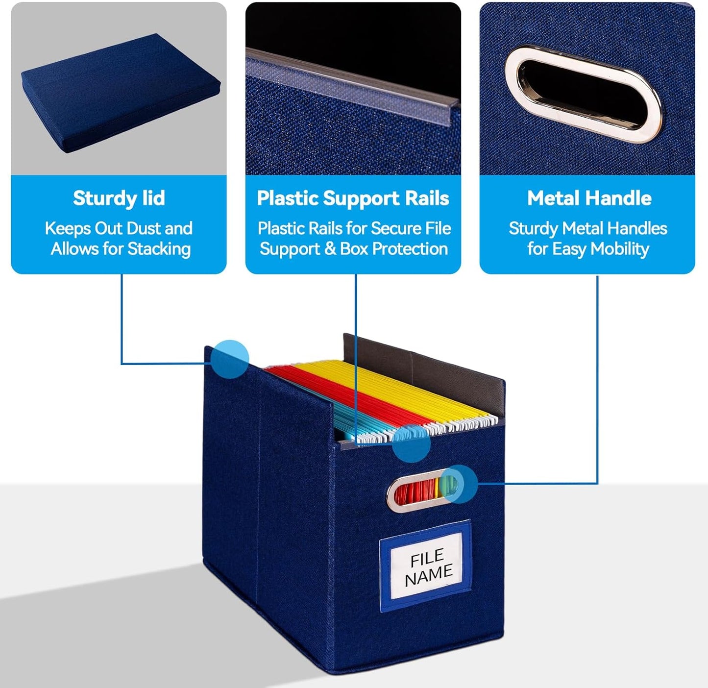 2 Pack Hanging File Folders Organizer with Lid, Letter Size Fabric File Storage Box Collapsible, Portable Office Document Holder with Metal Handle, Smooth PVC Rails, Blue