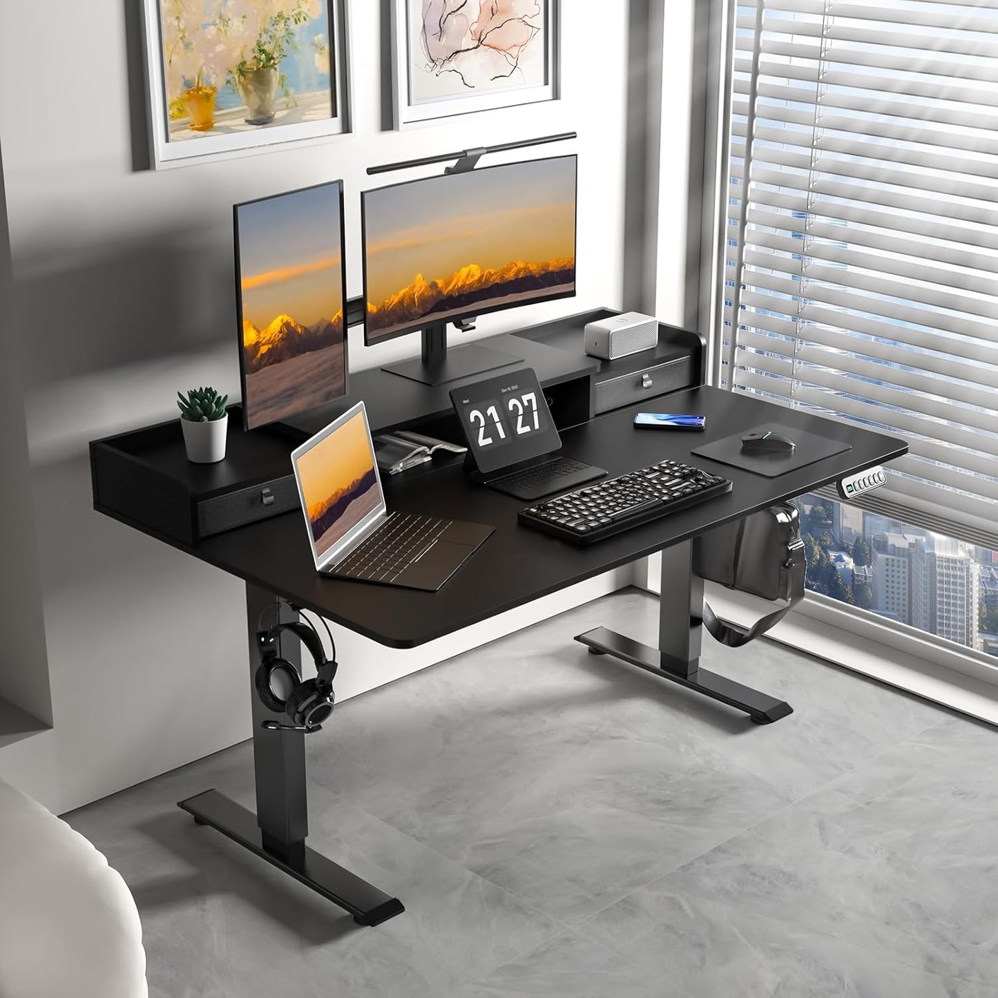 55 x 30 Inch Electric Standing Desk with 2 Drawers, Adjustable Height Widened Stand Up Desk with Storage, Sit to Stand Ergonomic Workstation for Home Office, Classic Black