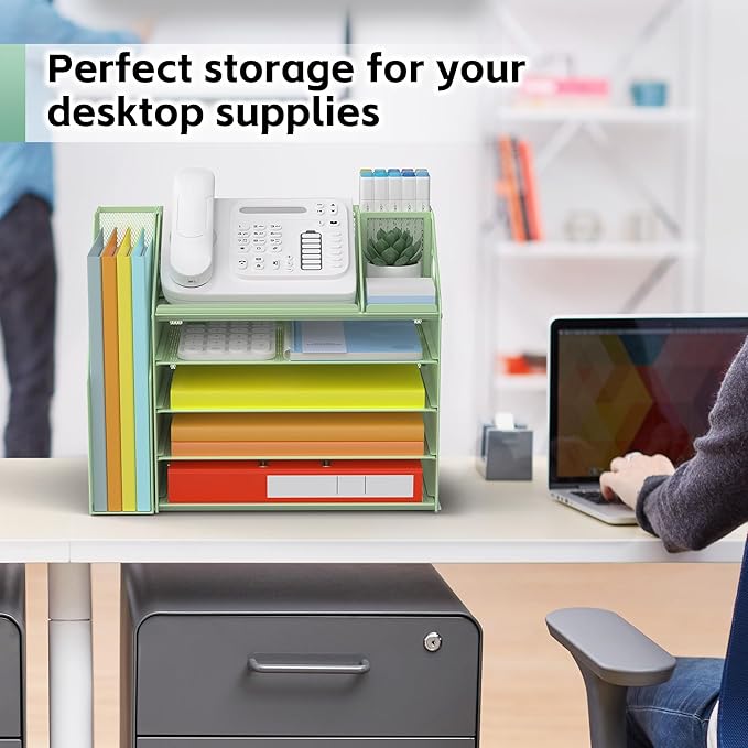 DocNest 5 Tier Paper Letter Tray File Organizer, Mesh Desk File with Handle, Workspace Desk Organizers with Pen Holder, Office Organization Storage Accessories - Green