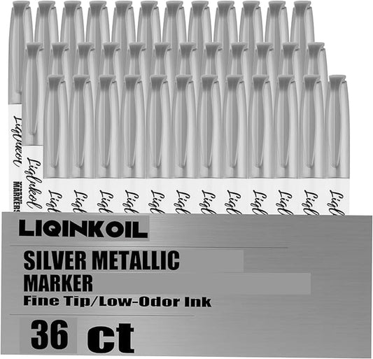 Silver Metallic Markers Pens Bulk of 36 Pack, 2mm Felt Fine Tip for Art, Crafts, Drawing, DIY Projects, Office Supplies, Gift Card Making