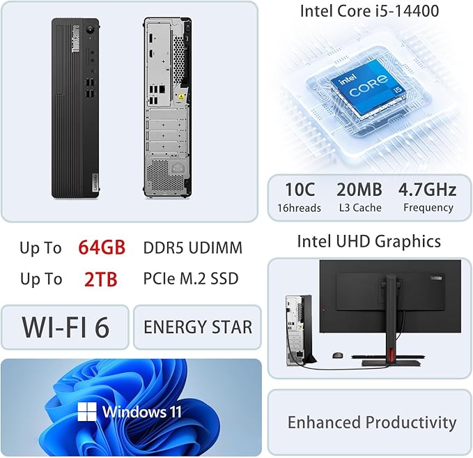 Lenovo ThinkCentre M70s Small Form Factor Business Desktop, 14th Gen Intel 10-Core i5-14400, 64GB DDR5 RAM, 2TB SSD, HDMI, DP, Wi-Fi 6, Windows 11 Pro, Bundle with Adata UC310 64GB USB Flash Drive
