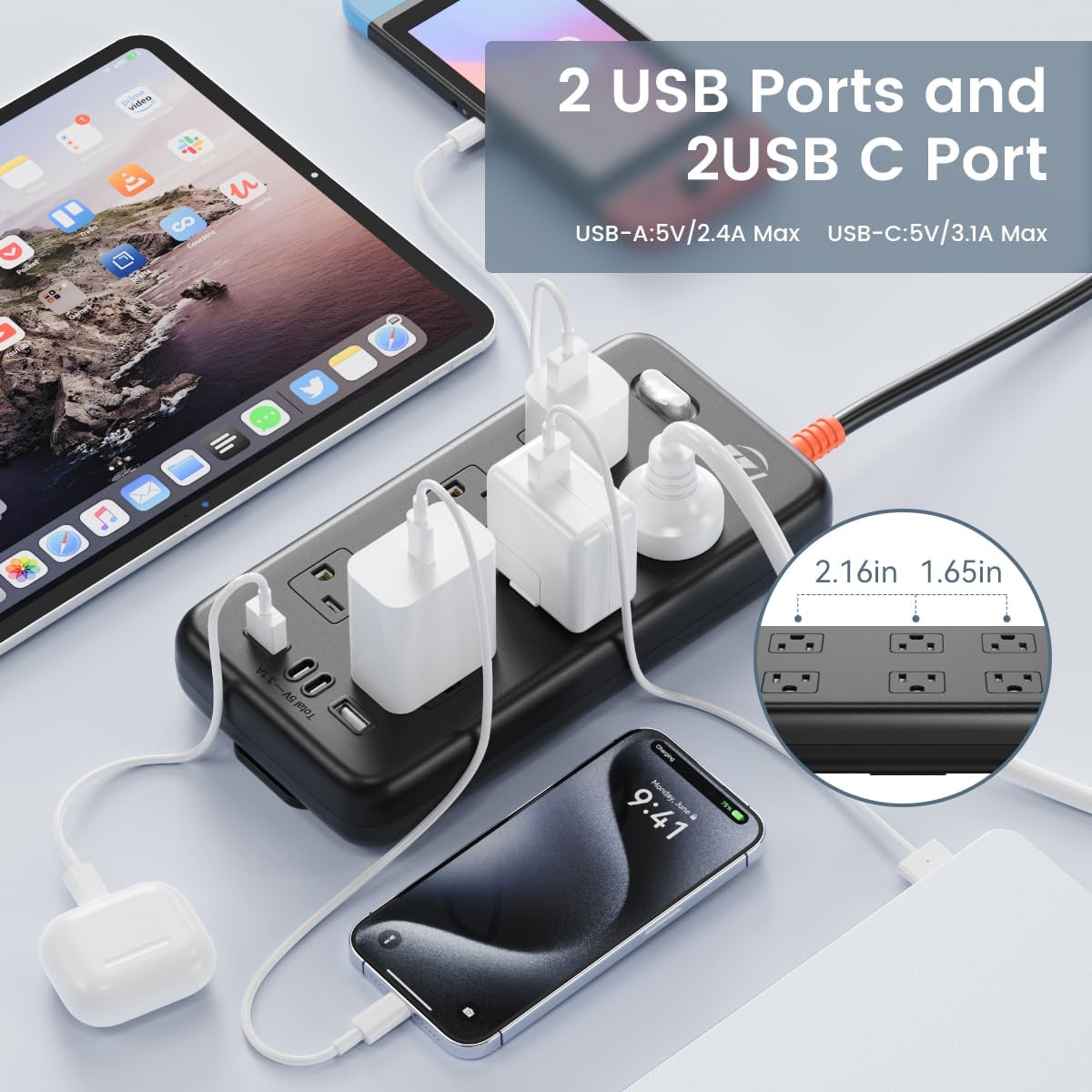 Power Strip Weatherproof, 10-in-1 Surge Protector with 6 Wide Outlets 2USB A and 2USB C,1875W/15A, 6FT Flat Plug Multi-Plug Outdoor Extension Cord for Indoor Outdoor, UL FCC Listed