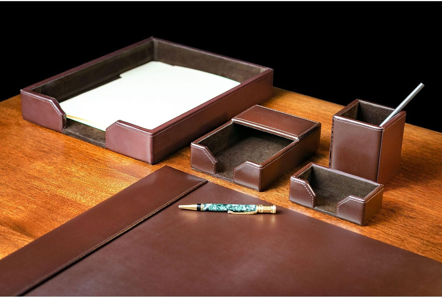 DACASSO Bonded Leather Desk Set - Luxury Leather Desk Pad & Organization Essentials - Executive Office Decor - Dark Brown, 5 Piece