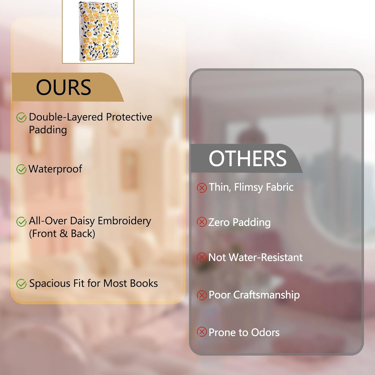 LParkin Embroidered Daisy Flower Book Sleeve with Zipper - Washable Fabric Book Cover Protector for Paperbacks & Hardcover, Gift for Book Lovers (Yellow, 11x8.5 Inch)