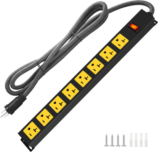 20Amp Power Strip Surge Protector, Durable Metal 8-Outlets with Heavy Duty 20 amp 10Ft 12 Gauge Extension Cord for Garage Workshop & Industrial Use, 1200J