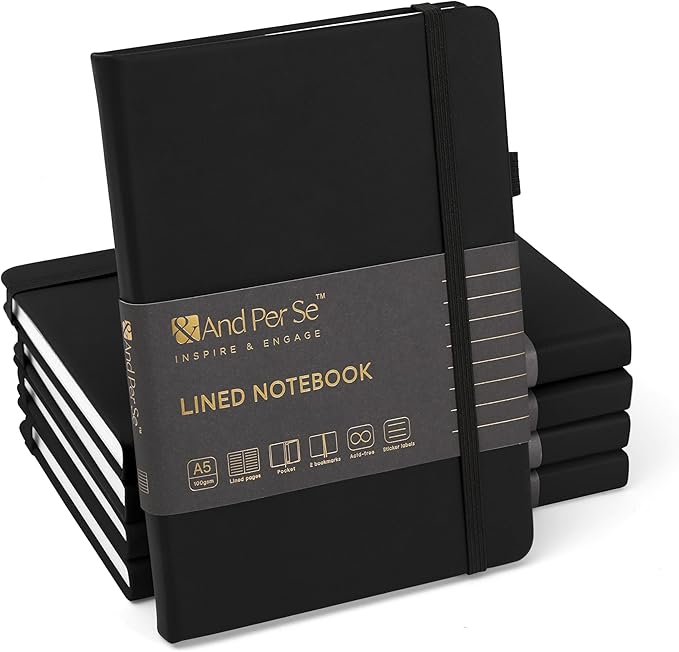 &And Per Se Lined Journal Notebook (5 Packs), 160 Pages, A5 5.7 x 8 inches College Ruled Thick Paper Notebook Journals for Writing, Hardcover Notebooks for Women Men Office School (Black)