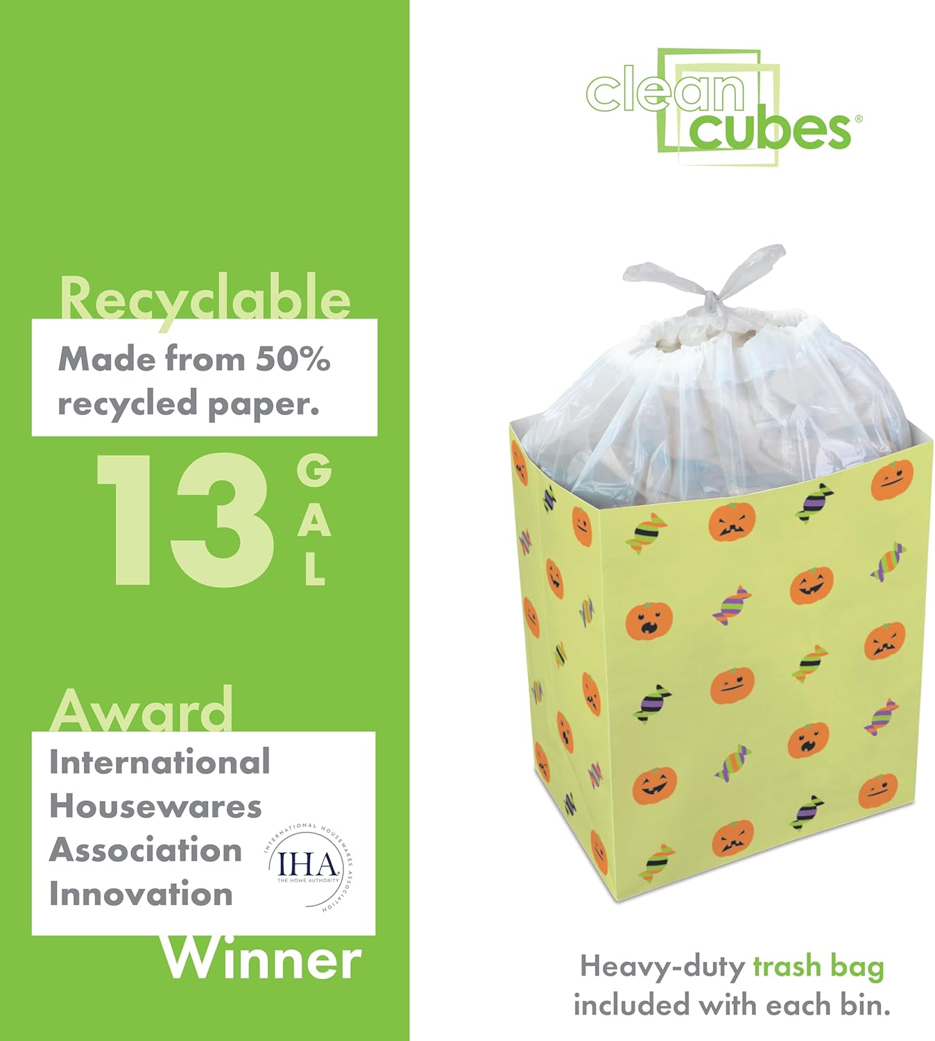 | 13 Gallon Disposable Trash Cans (3-Pack) with Fitted Trash Bags - Reusable Garbage and Recycling Bins for Parties, Events, and More (Halloween - 17" Height x 13.5" Width x 10" Depth)