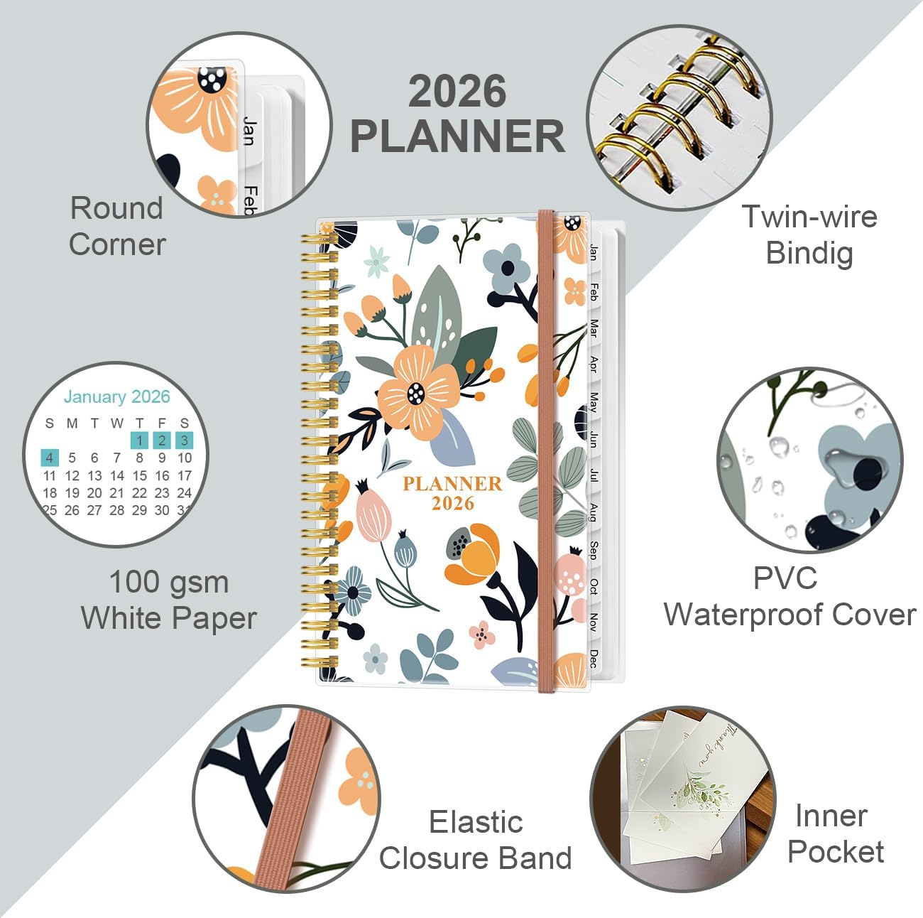 2026 Pocket Planner/Calendar - 2026 Planner from January 2026 - December 2026, Planner 2026 with 12 Tabs, Twin-Wire Binding, Inner Pocket, 3.75" x 6.75, Rose Flower