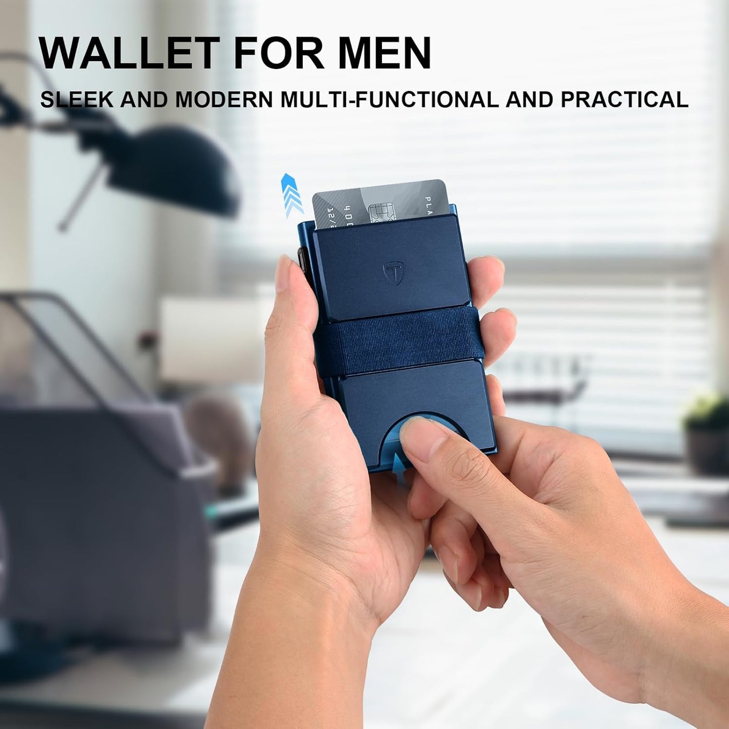 Slim Wallet for Men, Minimalist Pop Up Wallet, Metal Wallet, RFID Blocking Mens Wallets with Expandable Backplate & Cash Band, Holds 12+ Cards Plus Cash, Navy Blue