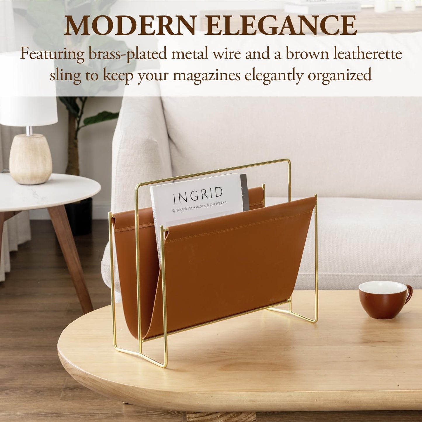 MyGift 15-Inch Modern Brown Leatherette & Brass Plated Metal Magazine Holder – Floor Standing Faux Leather Sling Style Newspaper Rack for Home, Bathroom, Office Decor