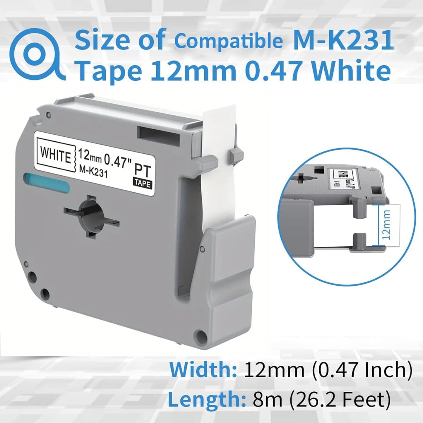 12Pack M-K231 Replacement for Brother M Tape 12mm 0.47'' White, M-K231s MK231s M231 Label Tape Replace for Brother PTouch PT-M95, PT-90, PT-70, PT-65, PT-60, PT-45 Label Maker Refills