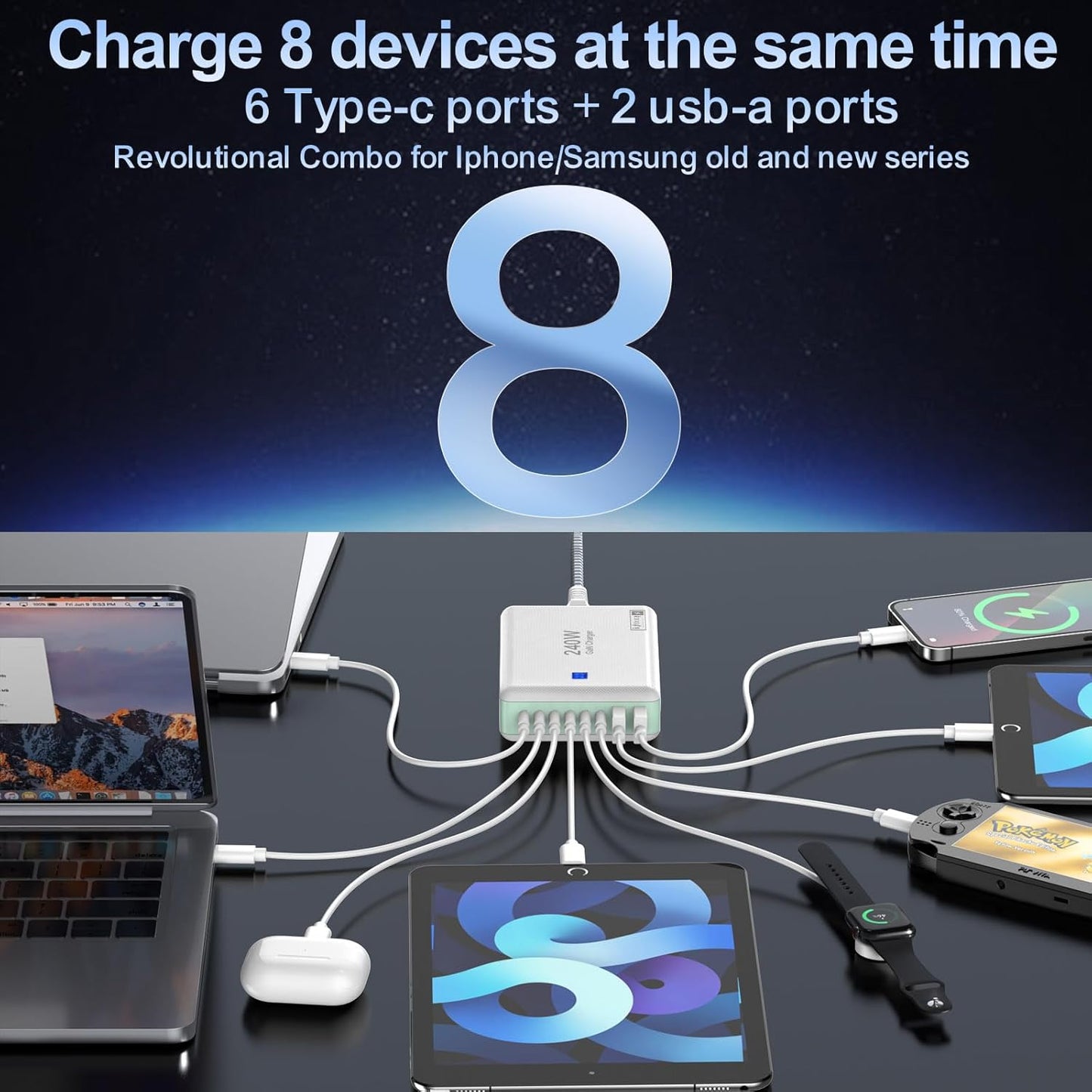 240W Fast Chargers for Multiple Devices 8 Ports, 6 Type C + 2 USB A Charger Block, Charging Station with Slim Flat Plug, 65W Power Hub for Laptops, PD GaN Charger Tower for iPhone, Samsung