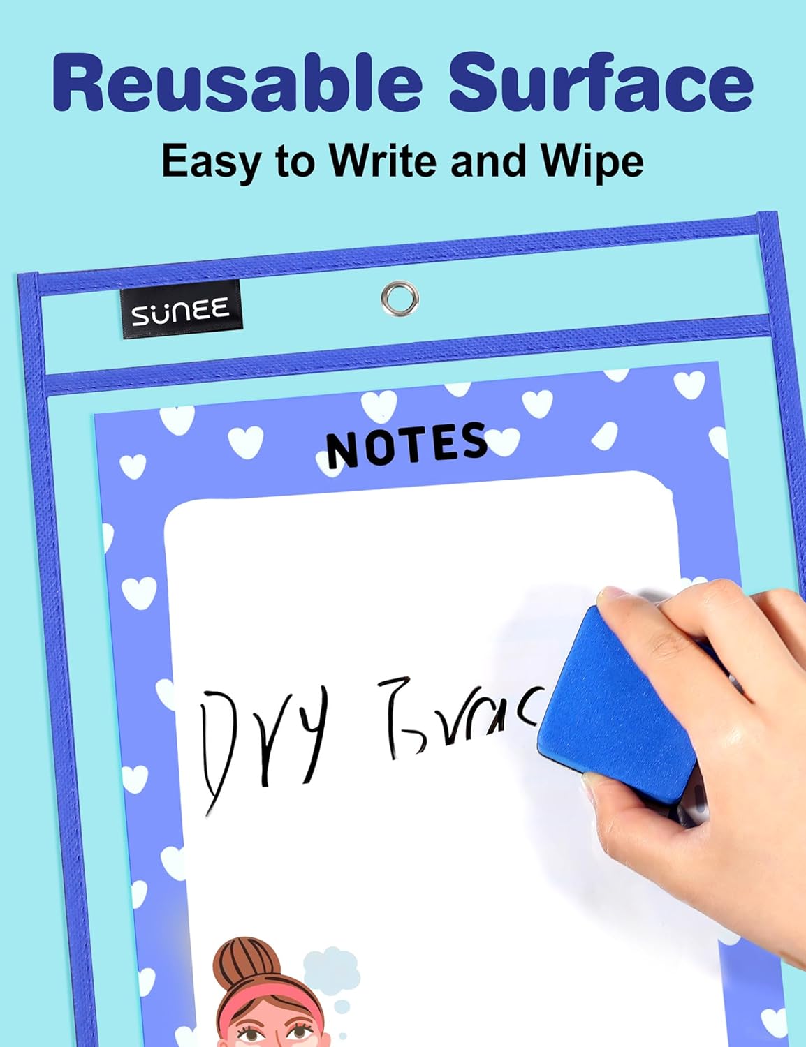 SUNEE 35 Packs Oversized Reusable Dry Erase Pocket Sleeves with 2 Rings, 10 Assorted Colors 10x14 Ticket Holders, Clear Plastic Sheet Protectors, Teacher School Classroom Supplies