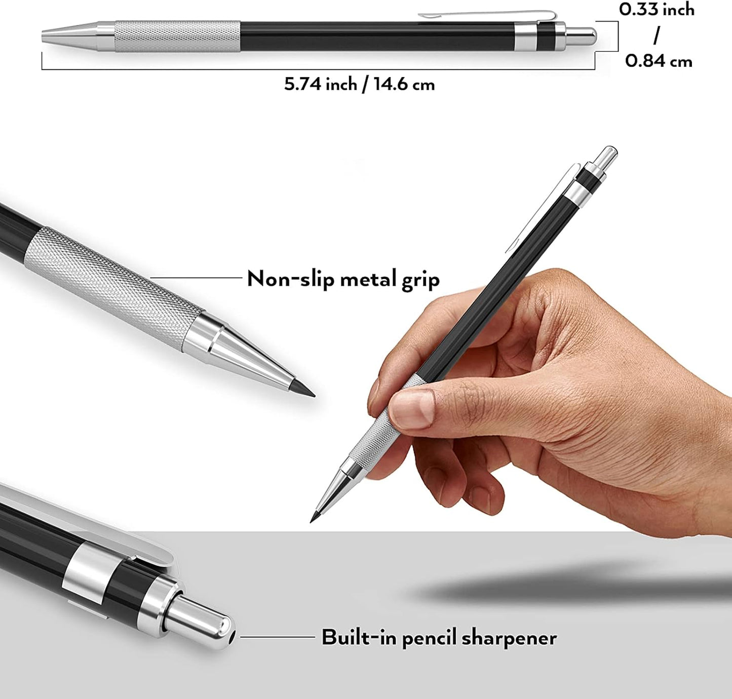 Nicpro 17PCS Metal 2mm Mechanical Pencil Set in Leather Case, 5 PCS 2.0 mm Lead Pencil Holders (4B 2B HB 2H 4H) 6 Tube Black Colored Lead Refills, Erasers, Sharpener For Art Drafting Sketching Drawing