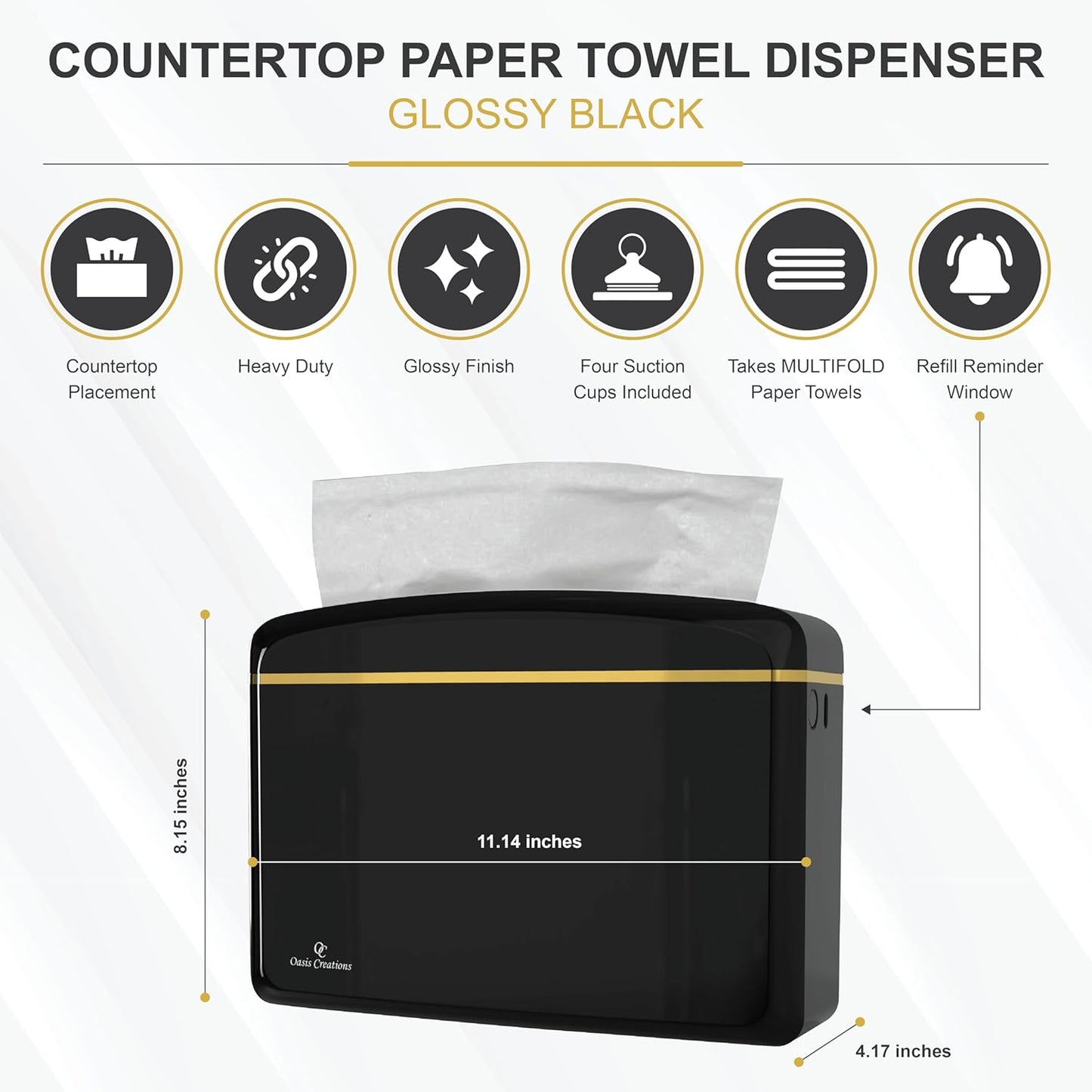 Countertop Multifold Hand Paper Towel Dispenser by Oasis Creations, Single Sheet Dispensing – Glossy Black