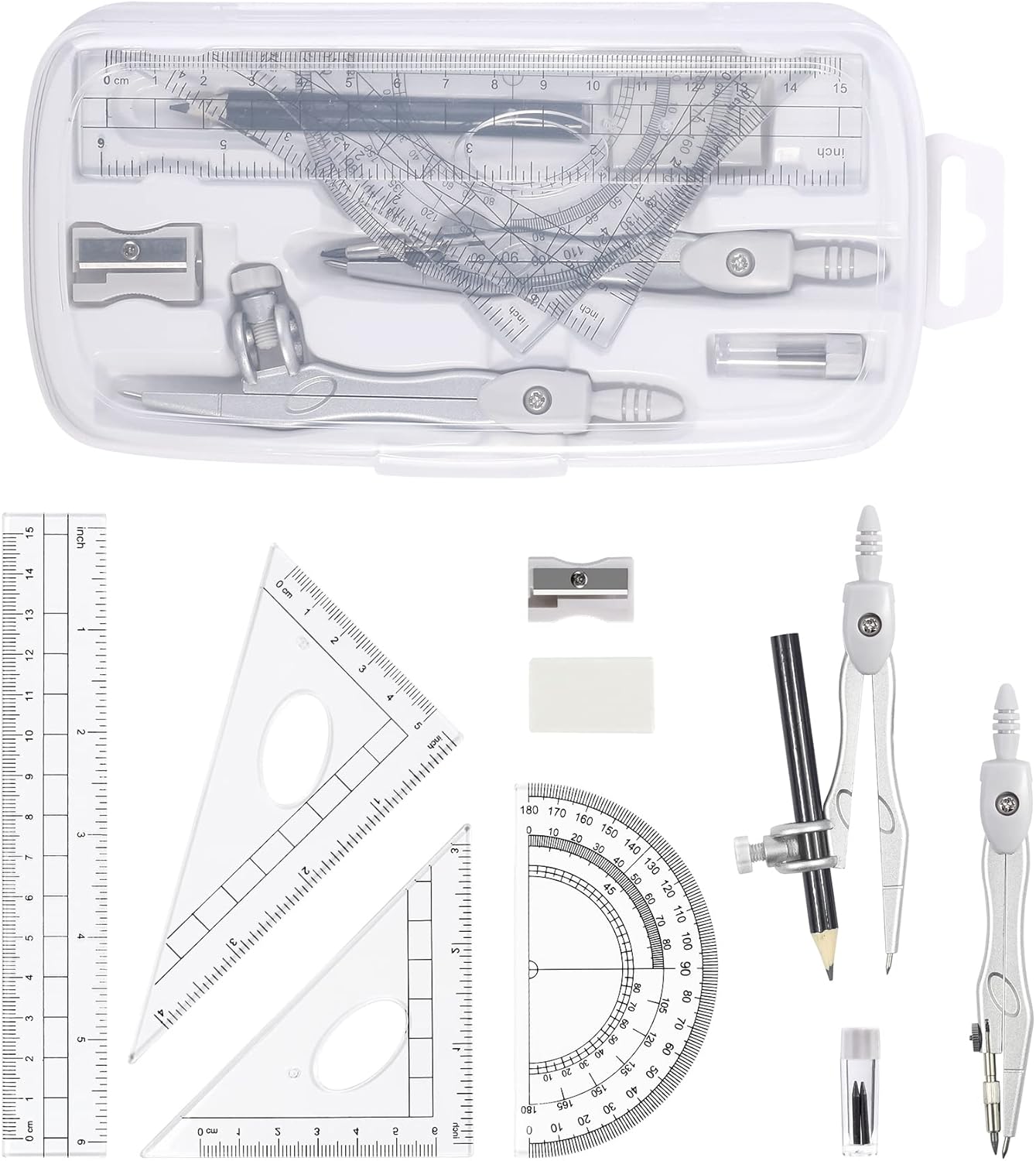 Math Geometry Kit Sets 10 Piece Student Supplies with Shatterproof Storage Box,Includes Rulers,Protractor,Compass,Eraser,Pencil Sharpener,Lead Refills,Pencil,for Drafting（White）