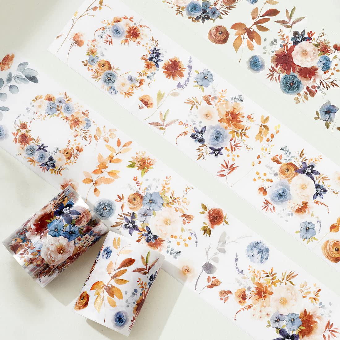 WT Dusty Blue & Cinnamon Wide PET Tape, Single Roll, Original Designs, Floral Decorative Tape, Transparent Craft Tape for Bujo Planner & DIY Supplies, Watercolor Flowers